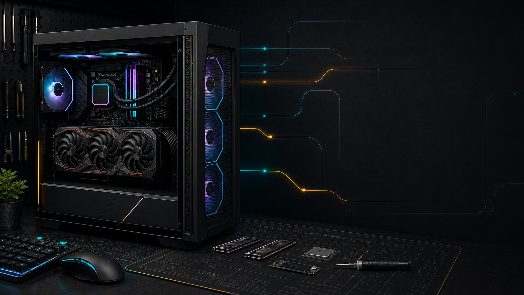 PC gamer em bancada com componentes premium para montagem e otimização