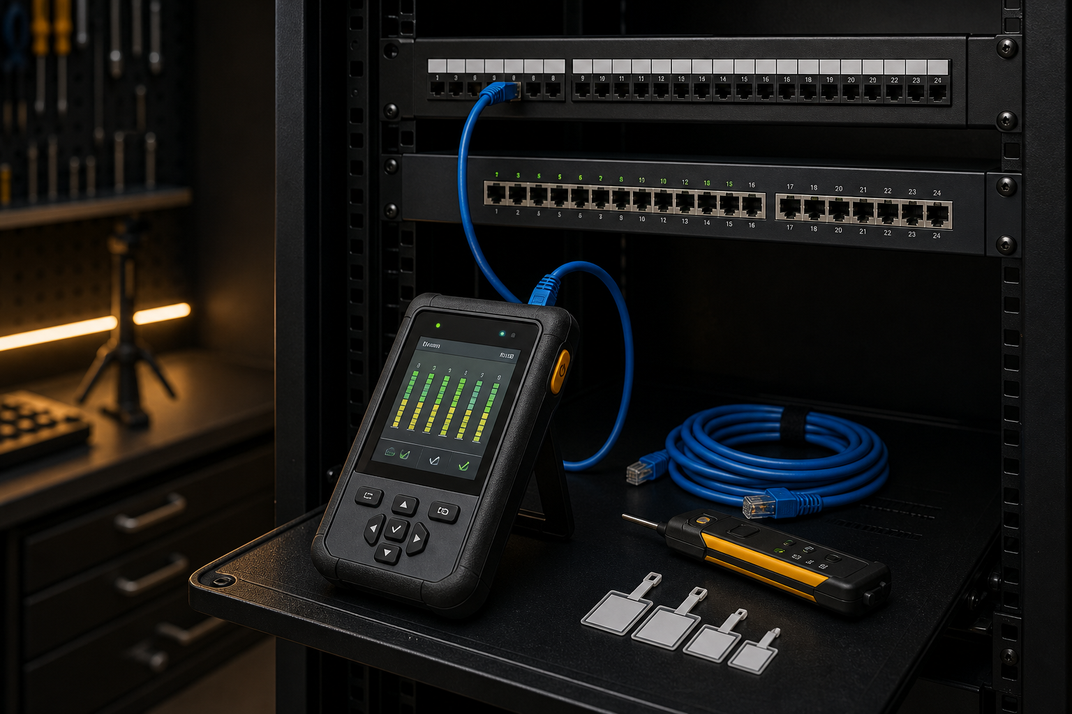 Testador de rede conectado ao patch panel para diagnóstico de cabeamento corporativo